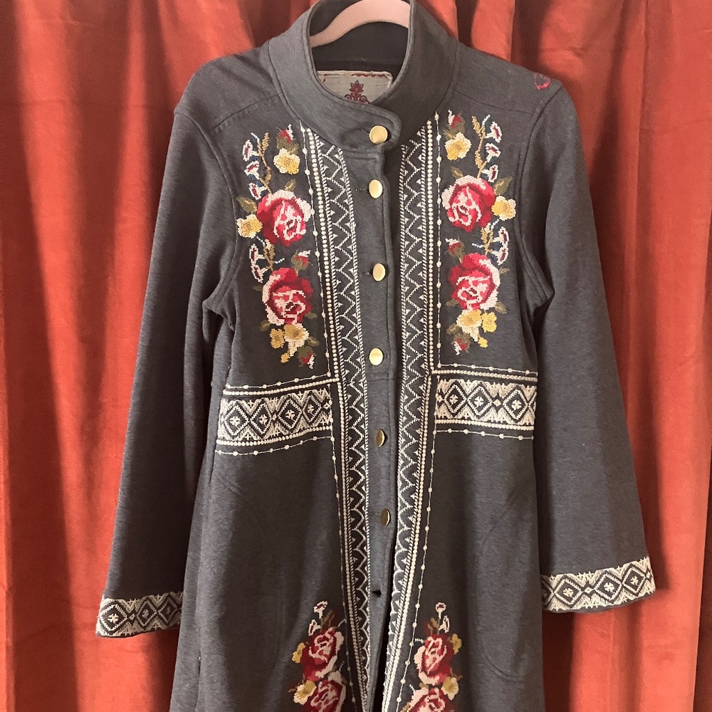 Johnny Was embroidered coat in sweatshirt material